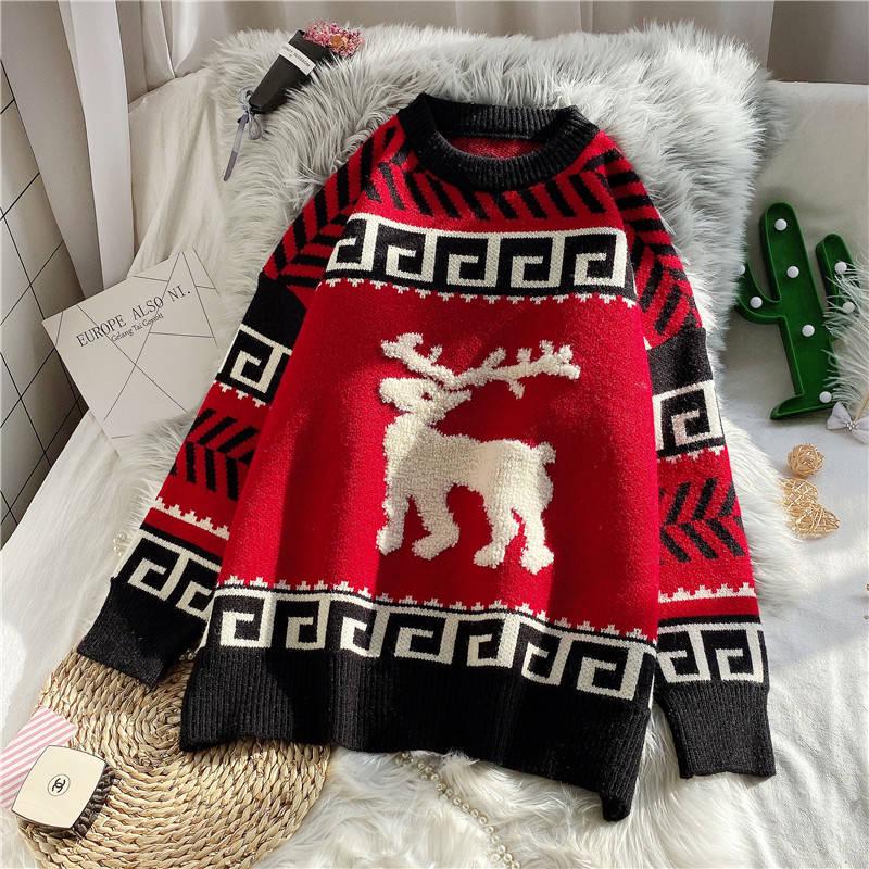 Pofulove Red Christmas Elk Sweater Women Winter Hooded Loose Lazy Wind Winter Students Wear Knitwear