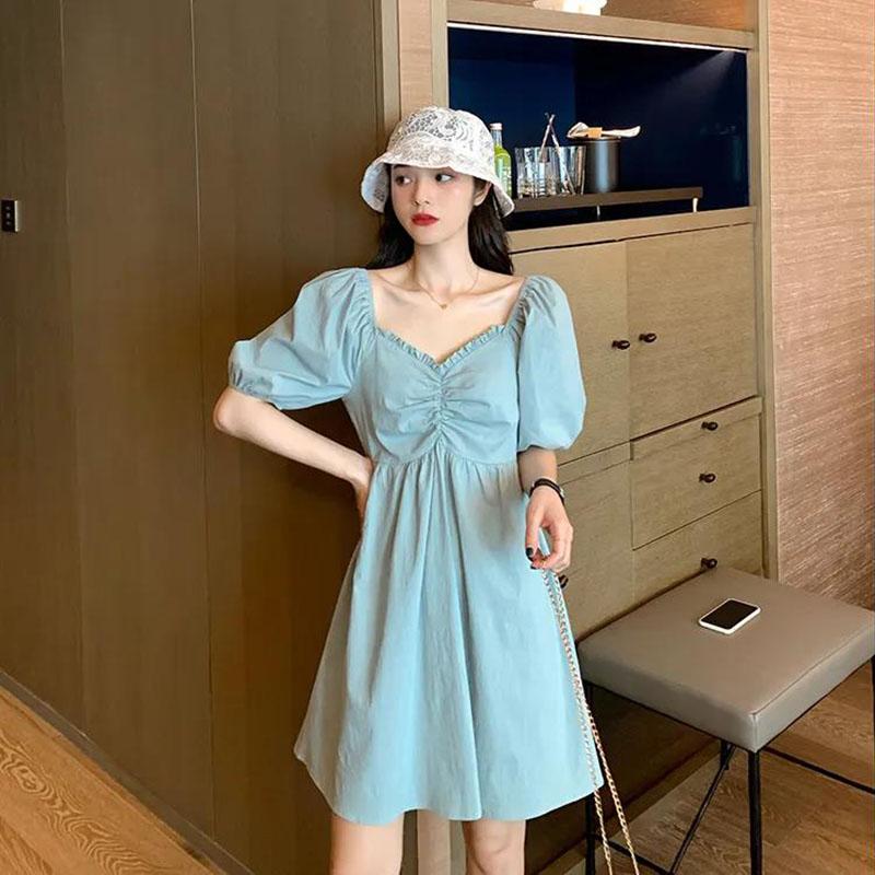 Women's Summer Puff Sleeve Dress Slim Solid Color V-neck A-line Skirt