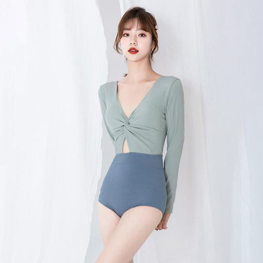 One-Piece Push-Up Swimsuit Women Summer Korean Ins Long-Sleeve Halter Bathing Suit Student Swimwear Bikini Beachwear