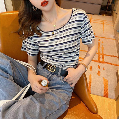 Summer Rainbow Striped Short-sleeved T-shirt Women's Slim French Square Collar with Half-sleeve Top