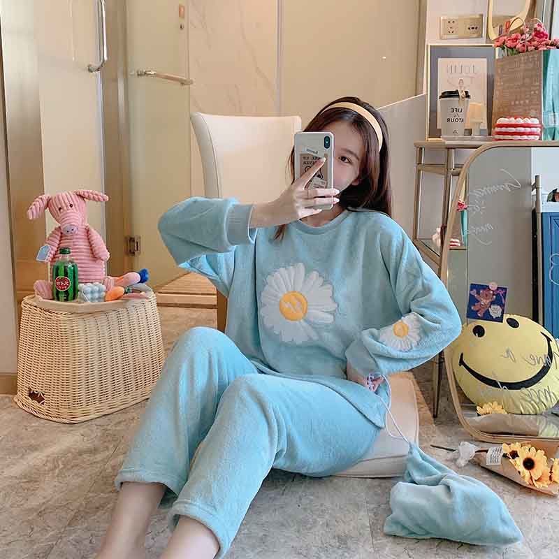 Ladies Autumn/winter Flannel Thickened Pajamas Cute Sweet Warm Coral Fleece Send Storage Bag Home Service