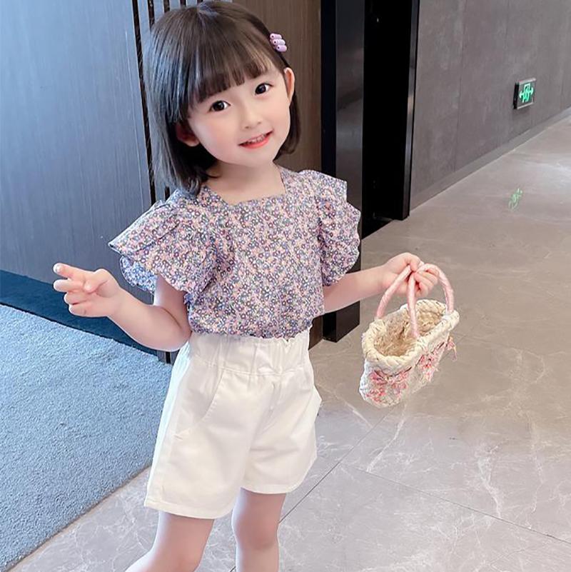 2PCS Children Clothing Set Summer Girls Girls' Floral Suit Thin Flying Sleeve T-shirt Shorts Korean Two Piece Set