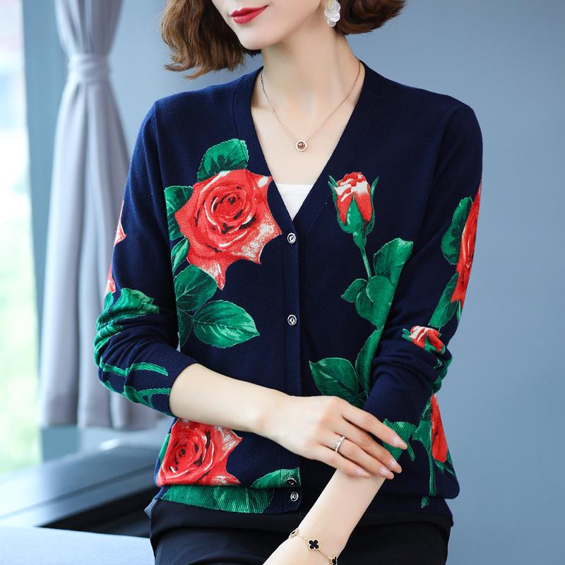 Wool Cardigan for Women Autumn Winter Printing Long-sleeved Sweater Coat Single-breasted Plus Size Cardigan Sweater