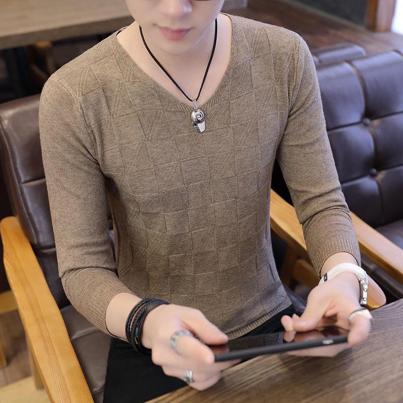 Men's Long-sleeved V-neck Knit Sweater Slim Fit Winter Warm Inner Clothes Solid Color Sweater Bottoming Shirt