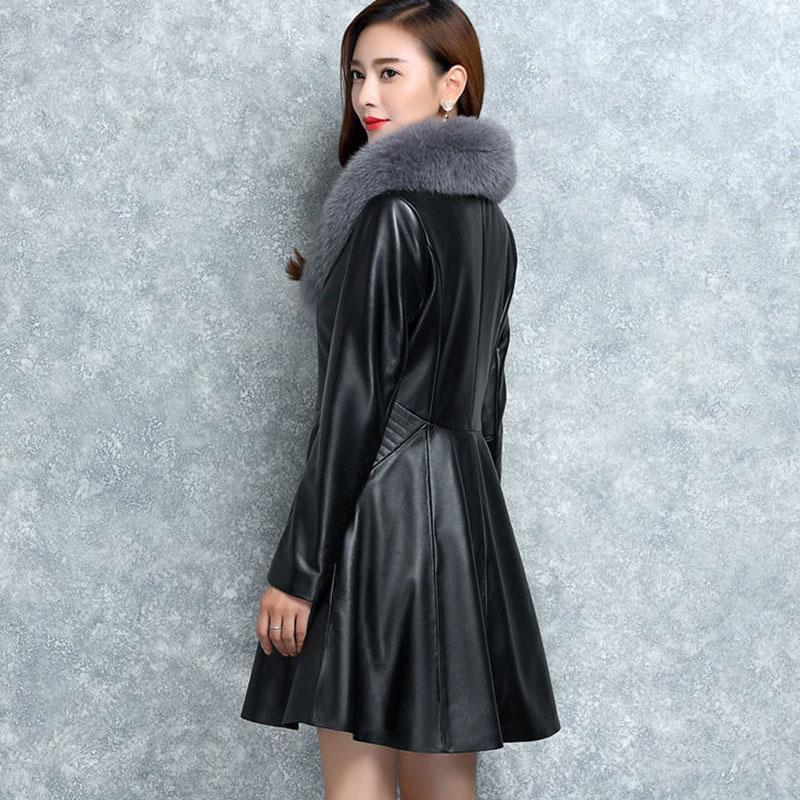 Winter Imitation Fox Fur Collar and Cotton Fur Mid-length Slim Fit All-match Leather Jacket Fashion Simple Female Jacket