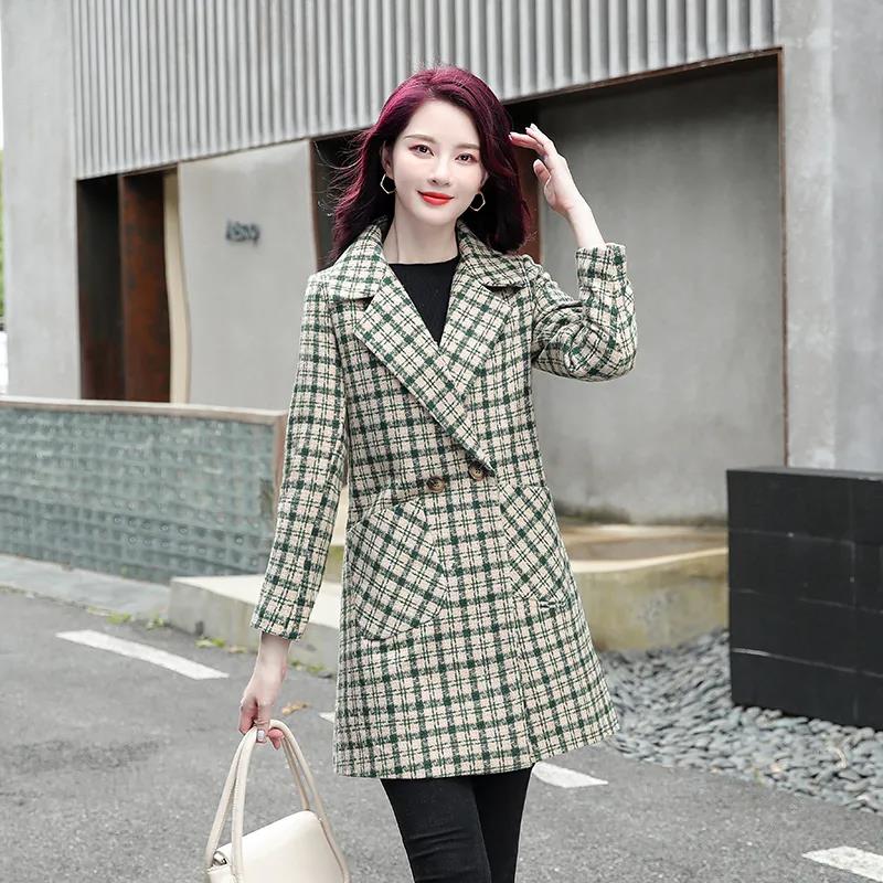 Coat Women's Spring and Autumn Plaid Woolen Coat Mid-length Slim Trench Coat