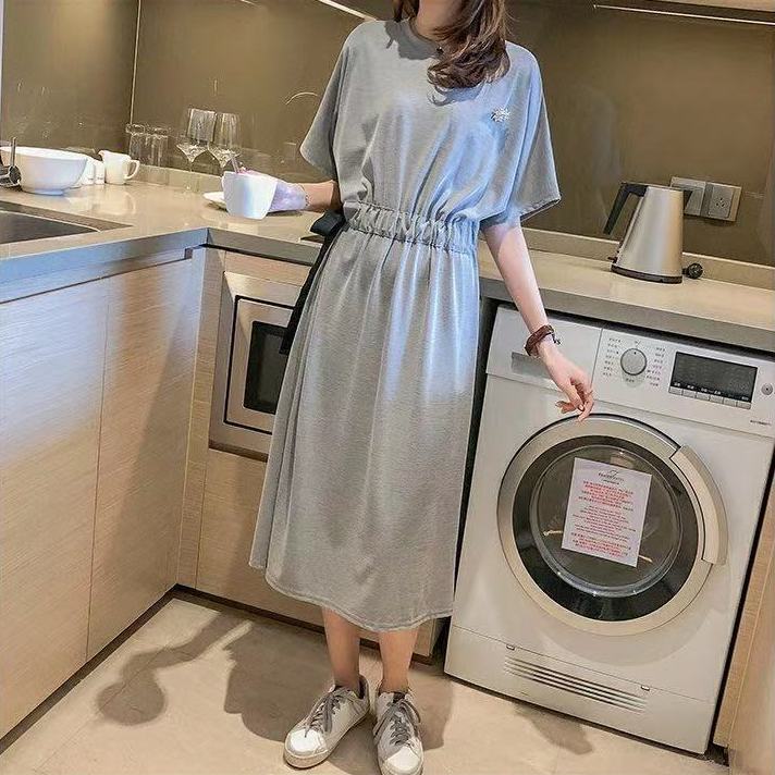 Dress Women's Spring Summer Long Loose Large Size T-shirt Skirt Bandage Waist Slimming Over-the-knee Dress