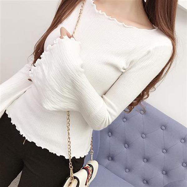 Fall/winter Stretch Bottoming Female Wood Ear Side-neck Long-sleeved Sweater Trumpet Sleeve Short Knitwear All-match