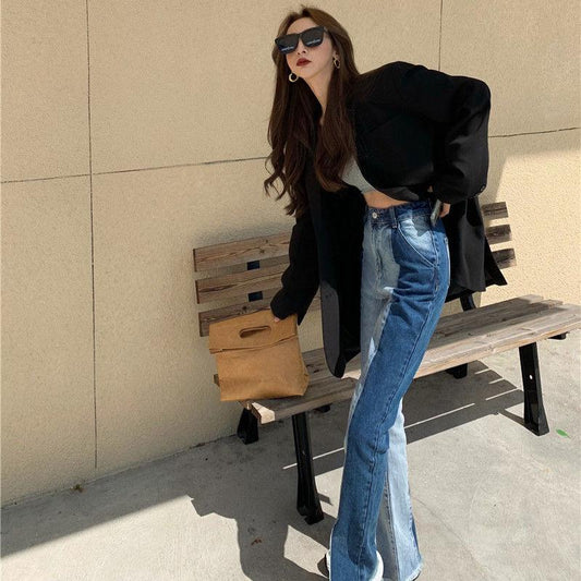 Spring Design Sense Stitching Split Straight Jeans Women Loose Thin  All-match Drape Mopping Trousers