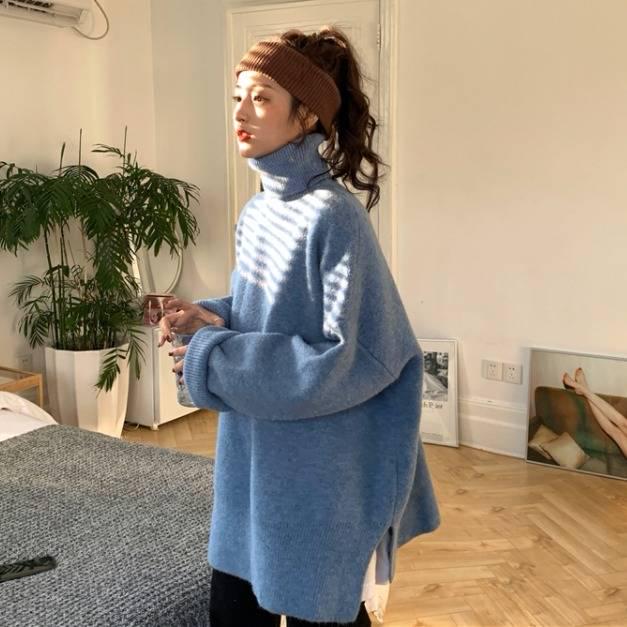 Winter Thick Solid Color Turtleneck Sweater Women Loose Pullover Wild Split Knit Jacket