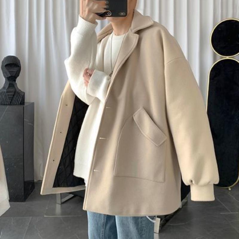 Mid-length Woolen Coat Plus Velvet Casual Men's Warm Long-sleeved Jacket Loose Polo Collar Temperament Handsome Top