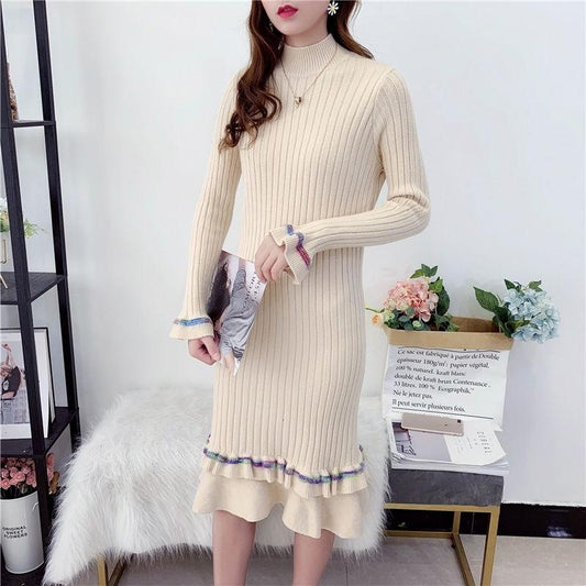 Autumn and winter fashion trend half high neck knitted dress mini sexy evening dress Korean slim long female sweater