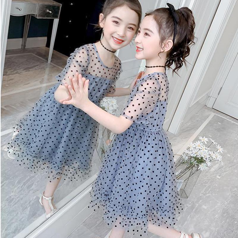 Children Dress Spring Summer Kids Clothing  Baby Girls Clothing Wave Point Short Sleeve Dress Girl Mesh Dress Ruffle