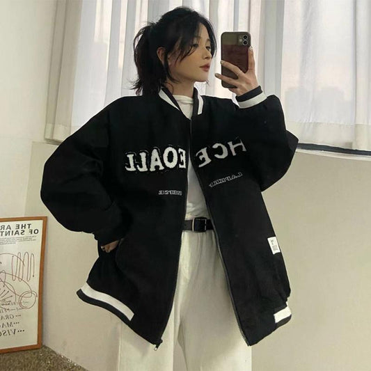 Baseball Uniform Jacket Women's Spring and Autumn Solid Color Outer Wear Casual Sports Loose Salt Fried Street Jacket Tide
