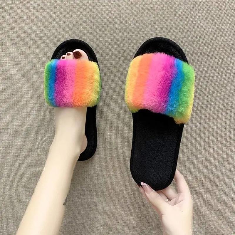 Fashion Slippers for Women Rainbow Fur Winter Slipper Luxury Designer Plus Size Cotton Slides Plat Non Slip Ladies Slipper