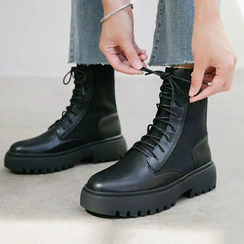 Spring and Autumn British Style Martin Boots for Female Students Korean Version of The Wild Thick-soled Front Lace-up Motorcycle Boots