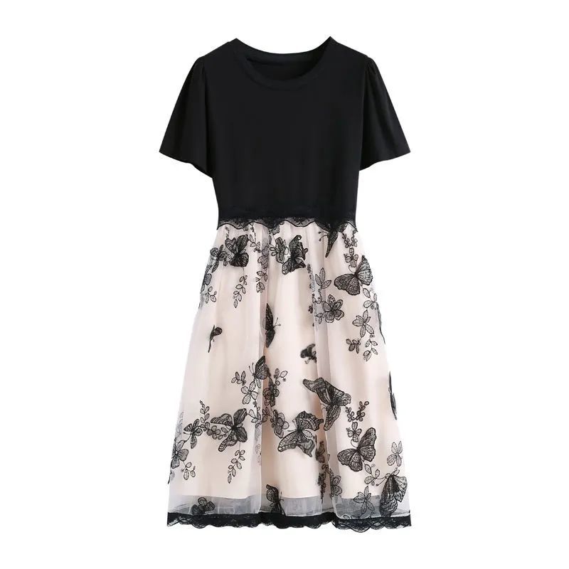 Women Size M-XXXL Summer Printing Knee-length Dress Short  Sleeve Chiffon Lace Mesh A-line Skirt