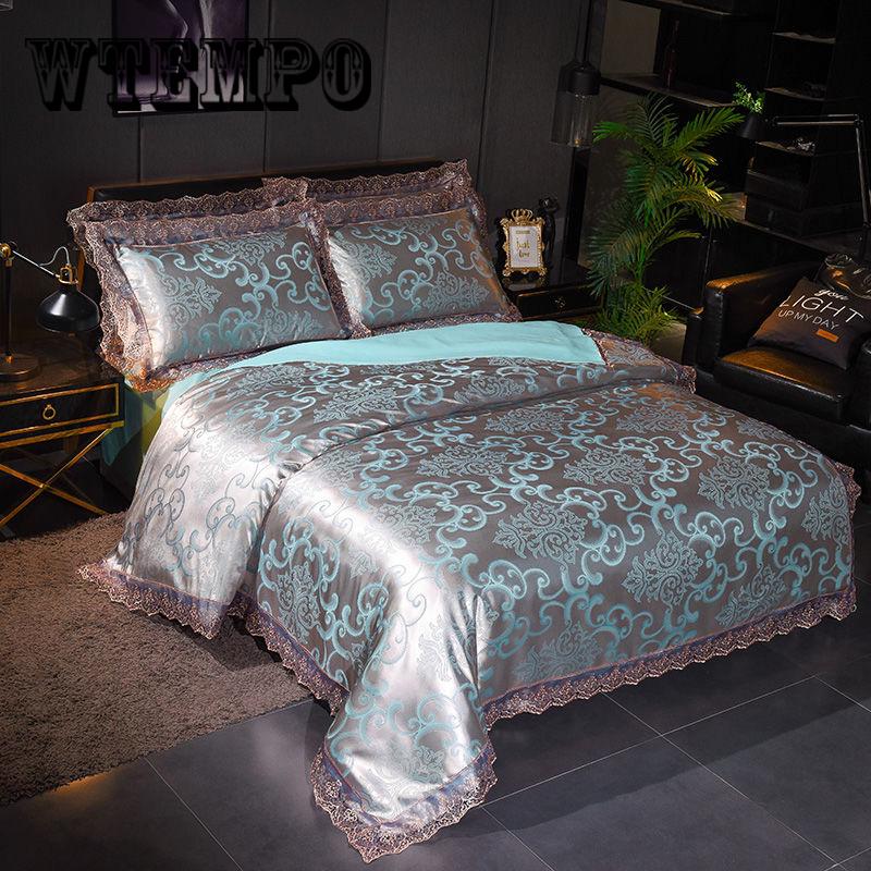 European Satin Jacquard 4 PCS Bedding Sets Quilt cover Bed sheet Pillowcase King Queen Size