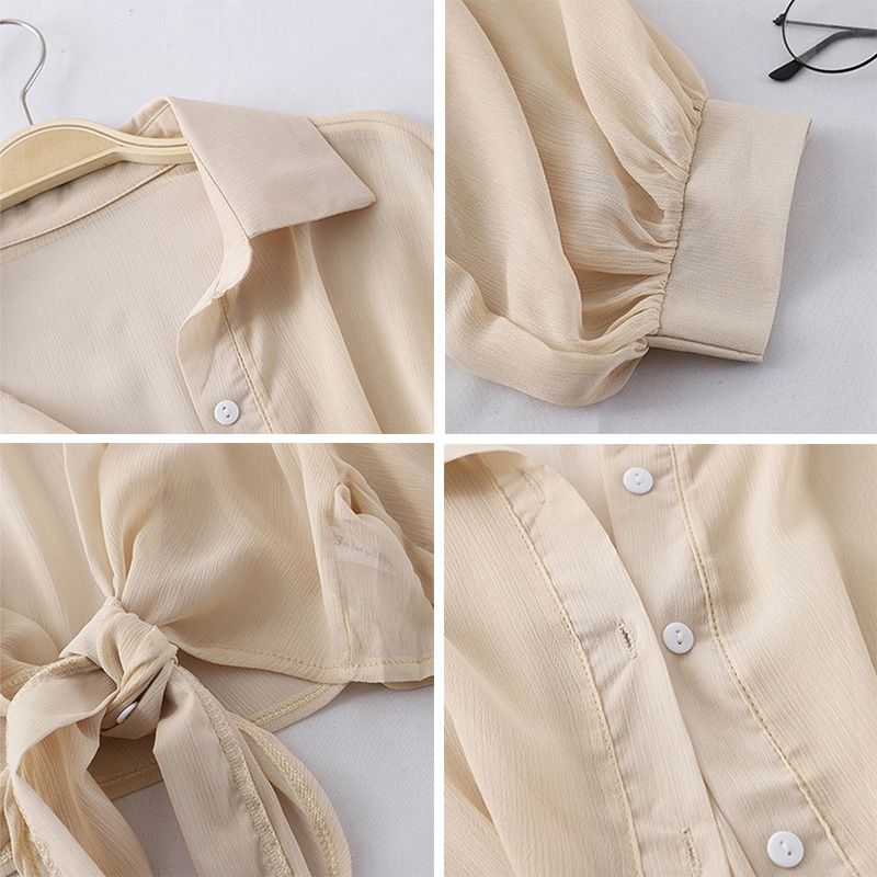 Summer Shirt Half Sleeve Buttoned Up Loose Casual Blouse Chiffon Shirts Women Tied Waist Elegant Blouses for Women